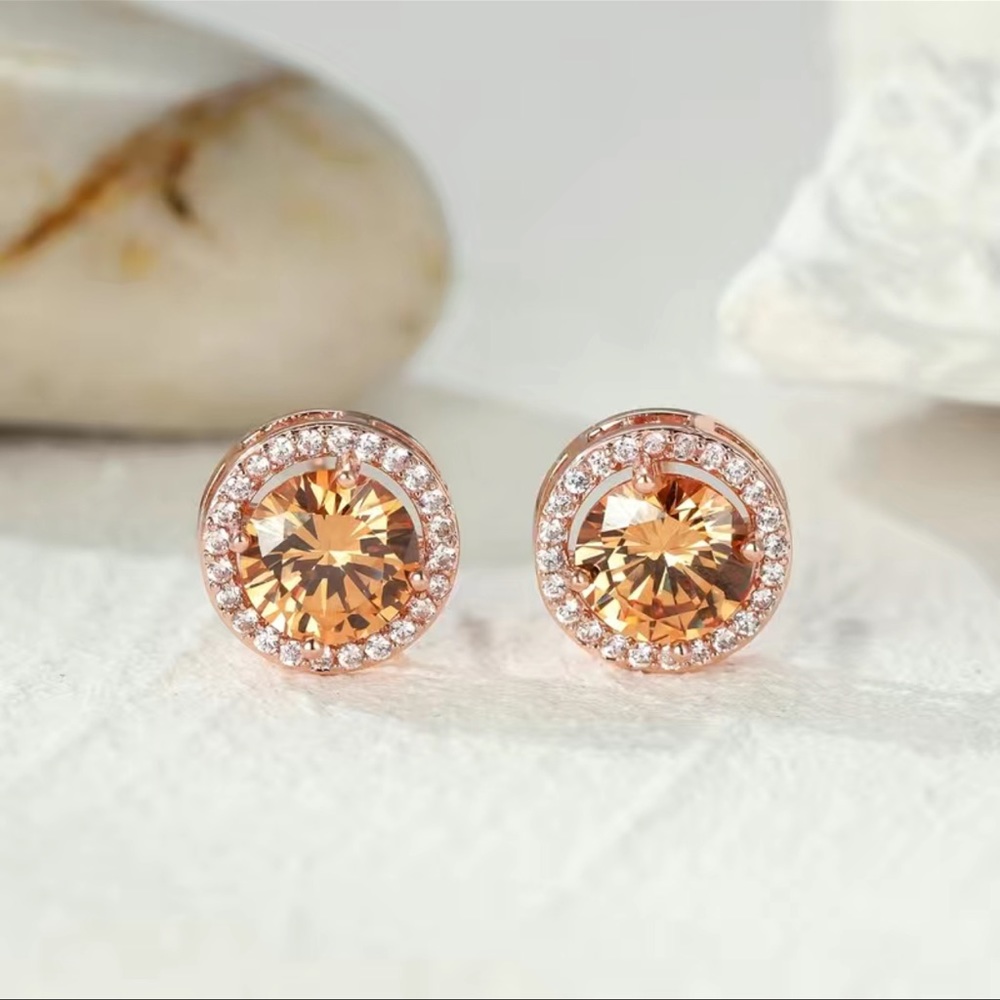 Rose Gold Tone Champagne Zircon Stud Earrings NWT